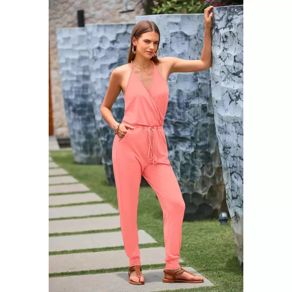 imagePRETTYGARDEN Womens Summer Casual Jumpsuits Wrap V Neck Sleeveless One Piece Pants Romper with PocketsLight Pink