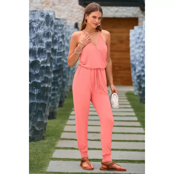 imagePRETTYGARDEN Womens Summer Casual Jumpsuits Wrap V Neck Sleeveless One Piece Pants Romper with PocketsLight Pink
