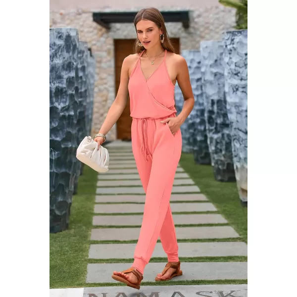 imagePRETTYGARDEN Womens Summer Casual Jumpsuits Wrap V Neck Sleeveless One Piece Pants Romper with PocketsLight Pink
