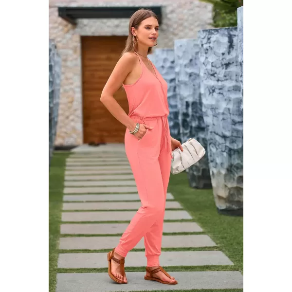 imagePRETTYGARDEN Womens Summer Casual Jumpsuits Wrap V Neck Sleeveless One Piece Pants Romper with PocketsLight Pink
