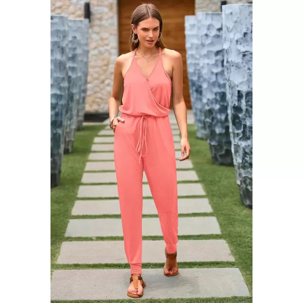 imagePRETTYGARDEN Womens Summer Casual Jumpsuits Wrap V Neck Sleeveless One Piece Pants Romper with PocketsLight Pink