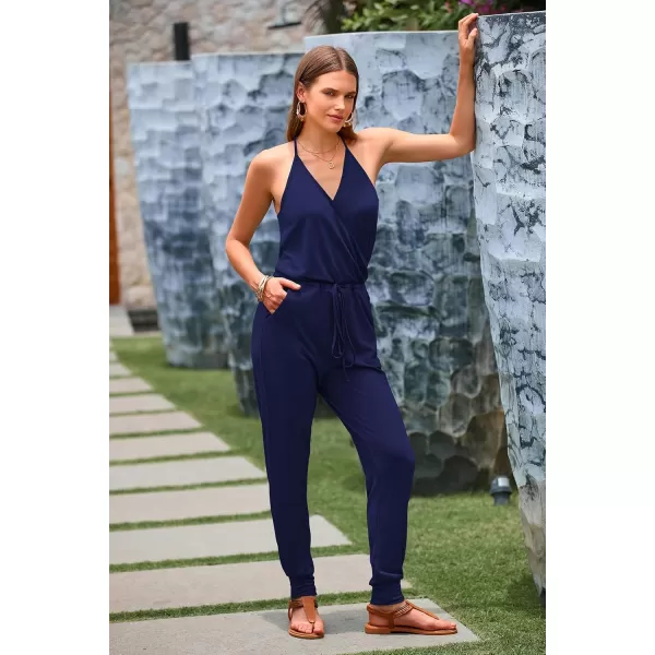 imagePRETTYGARDEN Womens Summer Casual Jumpsuits Wrap V Neck Sleeveless One Piece Pants Romper with PocketsNavy