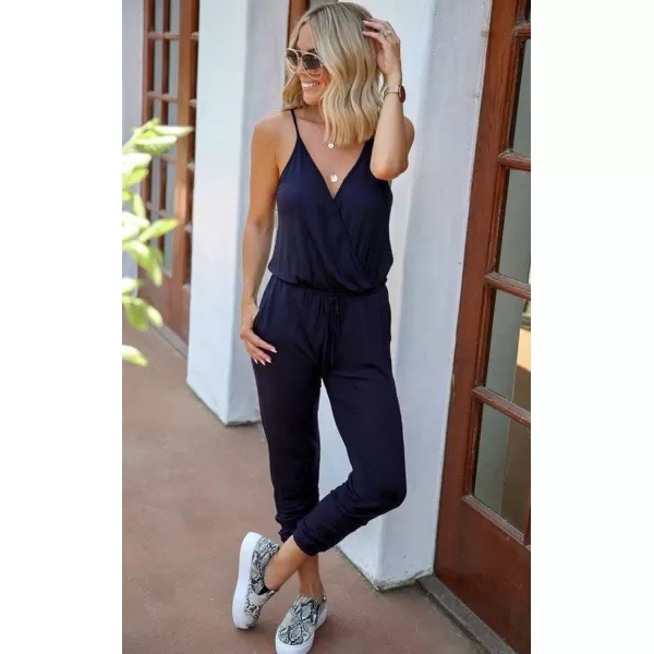 imagePRETTYGARDEN Womens Summer Casual Jumpsuits Wrap V Neck Sleeveless One Piece Pants Romper with PocketsNavy