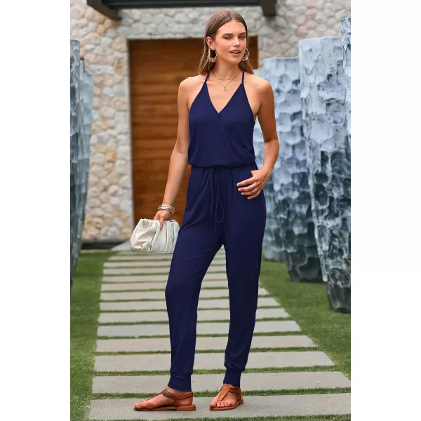 imagePRETTYGARDEN Womens Summer Casual Jumpsuits Wrap V Neck Sleeveless One Piece Pants Romper with PocketsNavy
