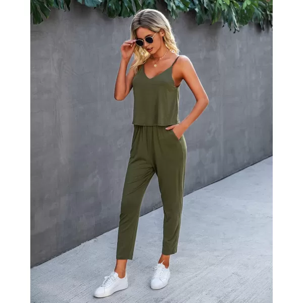 imagePRETTYGARDEN Womens Summer Casual Jumpsuits Wrap V Neck Sleeveless One Piece Pants Romper with PocketsPure Army Green