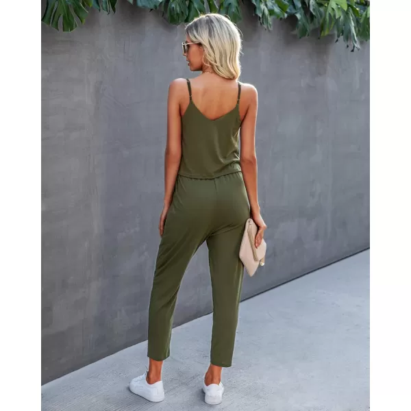 imagePRETTYGARDEN Womens Summer Casual Jumpsuits Wrap V Neck Sleeveless One Piece Pants Romper with PocketsPure Army Green