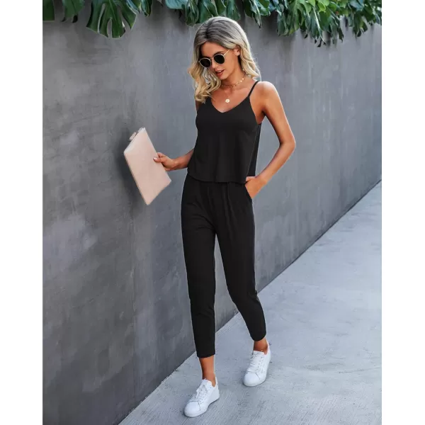 imagePRETTYGARDEN Womens Summer Casual Jumpsuits Wrap V Neck Sleeveless One Piece Pants Romper with PocketsPure Black