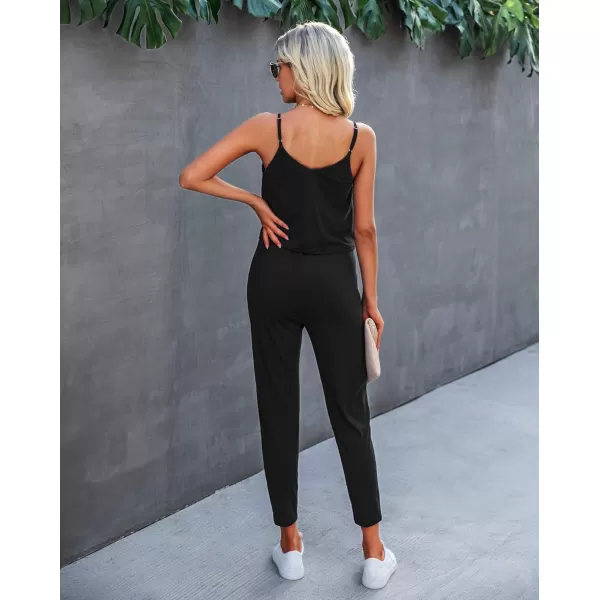 imagePRETTYGARDEN Womens Summer Casual Jumpsuits Wrap V Neck Sleeveless One Piece Pants Romper with PocketsPure Black