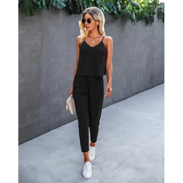 imagePRETTYGARDEN Womens Summer Casual Jumpsuits Wrap V Neck Sleeveless One Piece Pants Romper with PocketsPure Black