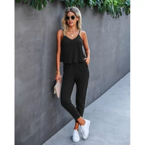 imagePRETTYGARDEN Womens Summer Casual Jumpsuits Wrap V Neck Sleeveless One Piece Pants Romper with PocketsPure Black