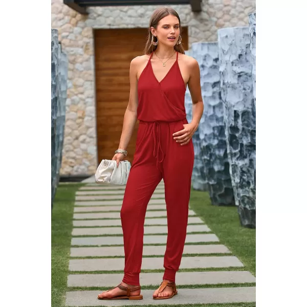 imagePRETTYGARDEN Womens Summer Casual Jumpsuits Wrap V Neck Sleeveless One Piece Pants Romper with PocketsRed