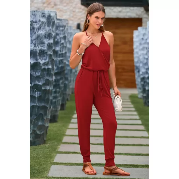 imagePRETTYGARDEN Womens Summer Casual Jumpsuits Wrap V Neck Sleeveless One Piece Pants Romper with PocketsRed