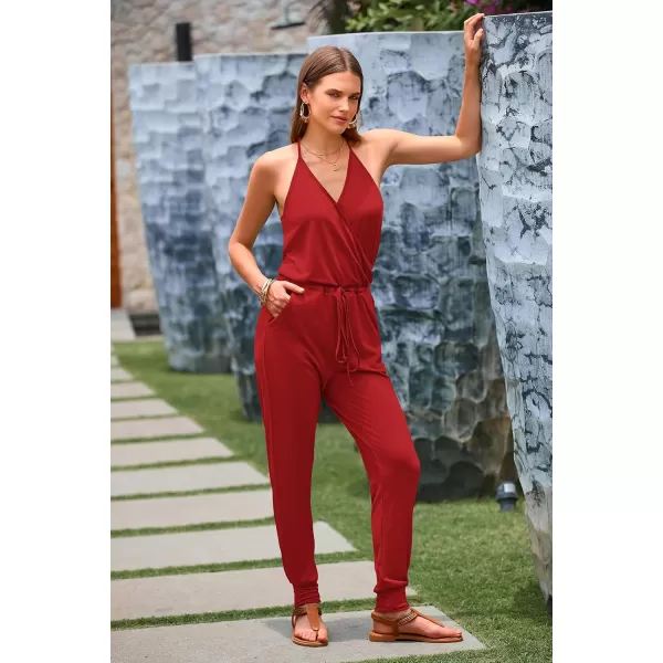 imagePRETTYGARDEN Womens Summer Casual Jumpsuits Wrap V Neck Sleeveless One Piece Pants Romper with PocketsRed
