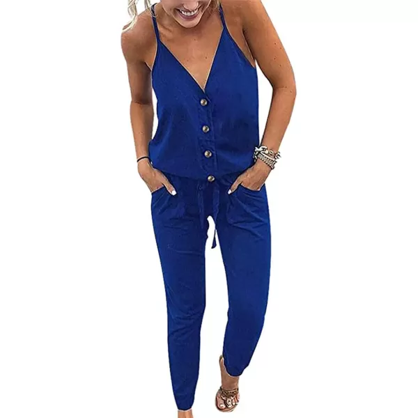 imagePRETTYGARDEN Womens Summer Casual Jumpsuits Wrap V Neck Sleeveless One Piece Pants Romper with PocketsSolid Blue
