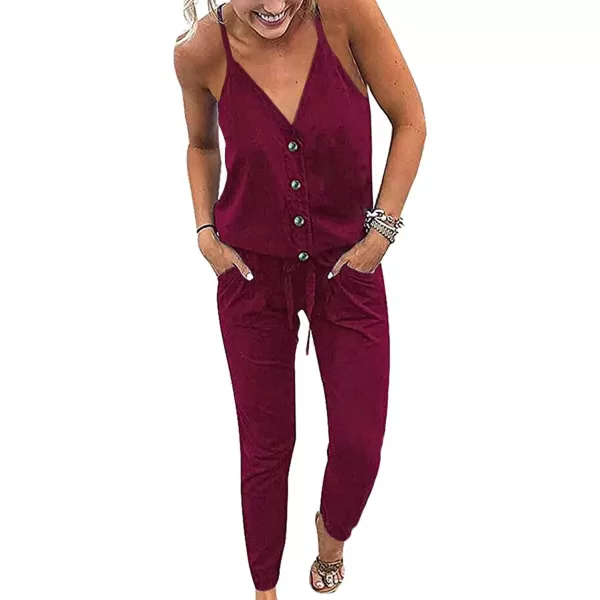 imagePRETTYGARDEN Womens Summer Casual Jumpsuits Wrap V Neck Sleeveless One Piece Pants Romper with PocketsSolid Wine Red