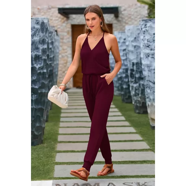 imagePRETTYGARDEN Womens Summer Casual Jumpsuits Wrap V Neck Sleeveless One Piece Pants Romper with PocketsWine Red