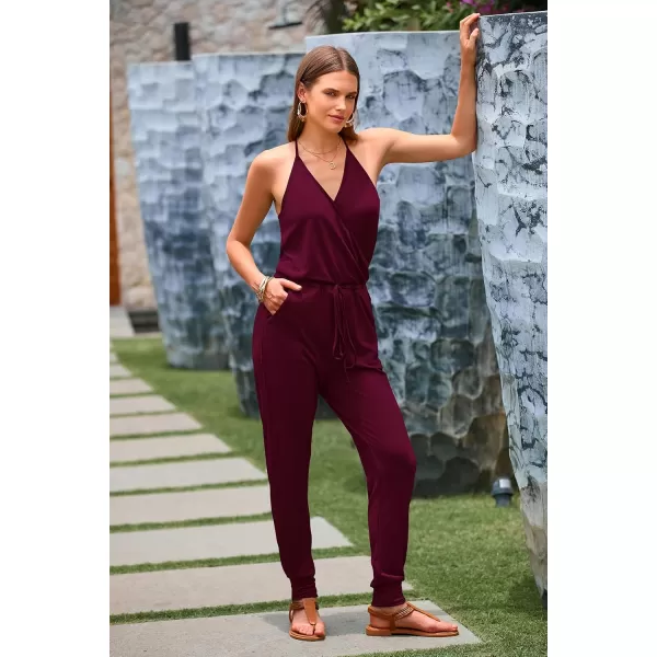 imagePRETTYGARDEN Womens Summer Casual Jumpsuits Wrap V Neck Sleeveless One Piece Pants Romper with PocketsWine Red