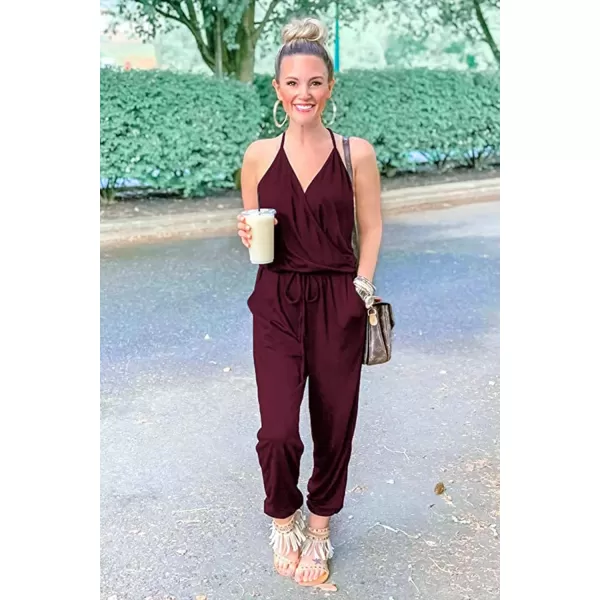 imagePRETTYGARDEN Womens Summer Casual Jumpsuits Wrap V Neck Sleeveless One Piece Pants Romper with PocketsWine Red
