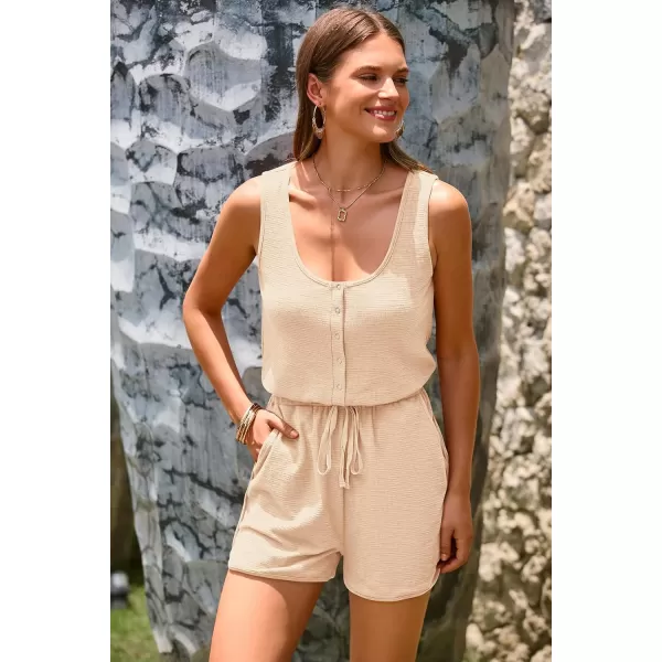 imagePRETTYGARDEN Womens Summer Casual Shorts Jumpsuit Plain Scoop Neck Button Down Sleeveless Tank Top Rompers With PocketsApricot