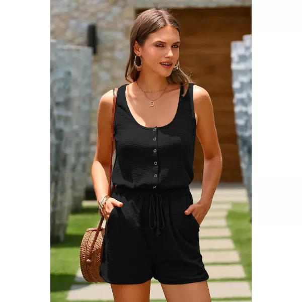 imagePRETTYGARDEN Womens Summer Casual Shorts Jumpsuit Plain Scoop Neck Button Down Sleeveless Tank Top Rompers With PocketsBlack