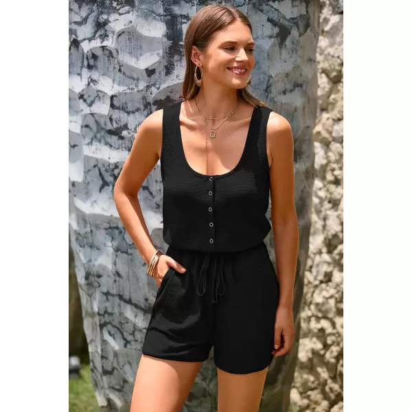 imagePRETTYGARDEN Womens Summer Casual Shorts Jumpsuit Plain Scoop Neck Button Down Sleeveless Tank Top Rompers With PocketsBlack