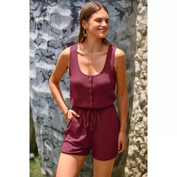imagePRETTYGARDEN Womens Summer Casual Shorts Jumpsuit Plain Scoop Neck Button Down Sleeveless Tank Top Rompers With PocketsJujube Red
