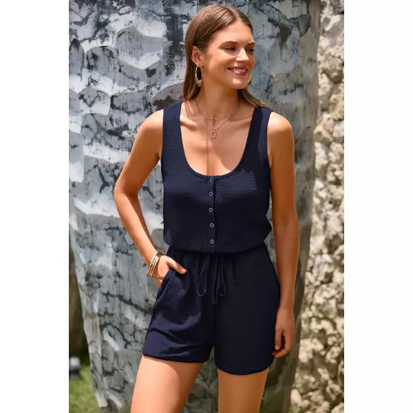 imagePRETTYGARDEN Womens Summer Casual Shorts Jumpsuit Plain Scoop Neck Button Down Sleeveless Tank Top Rompers With PocketsNavy