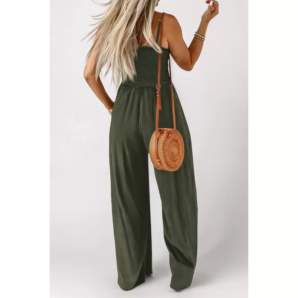 imagePRETTYGARDEN Womens Summer Jumpsuits Dressy Casual One Piece Outfits Linen Smocked Spaghetti Strap Pockets Wide Leg RompersArmy Green