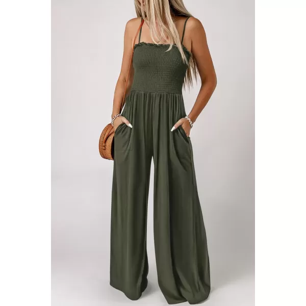 imagePRETTYGARDEN Womens Summer Jumpsuits Dressy Casual One Piece Outfits Linen Smocked Spaghetti Strap Pockets Wide Leg RompersArmy Green