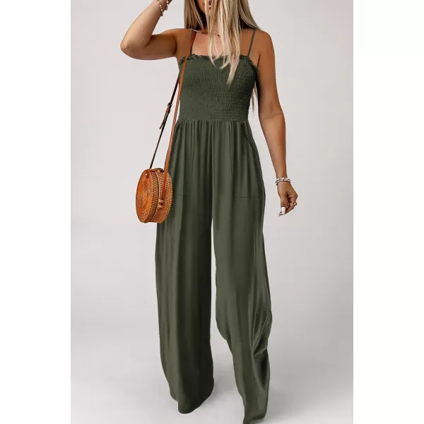 imagePRETTYGARDEN Womens Summer Jumpsuits Dressy Casual One Piece Outfits Linen Smocked Spaghetti Strap Pockets Wide Leg RompersArmy Green