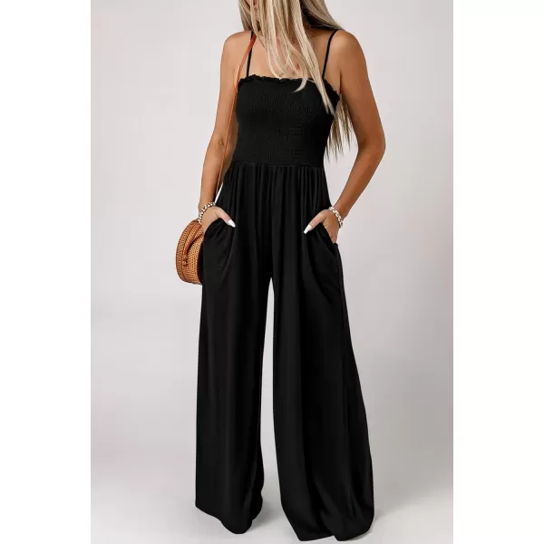 imagePRETTYGARDEN Womens Summer Jumpsuits Dressy Casual One Piece Outfits Linen Smocked Spaghetti Strap Pockets Wide Leg RompersBlack