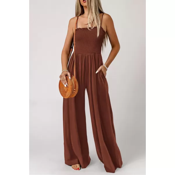 imagePRETTYGARDEN Womens Summer Jumpsuits Dressy Casual One Piece Outfits Linen Smocked Spaghetti Strap Pockets Wide Leg RompersDark Brown