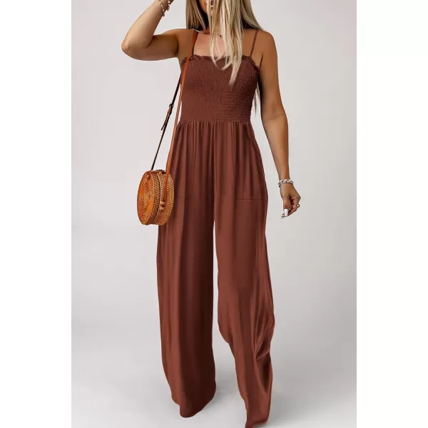 imagePRETTYGARDEN Womens Summer Jumpsuits Dressy Casual One Piece Outfits Linen Smocked Spaghetti Strap Pockets Wide Leg RompersDark Brown