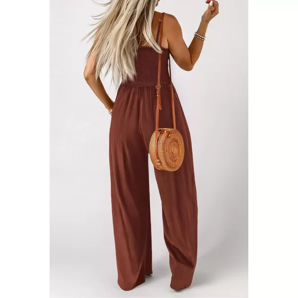 imagePRETTYGARDEN Womens Summer Jumpsuits Dressy Casual One Piece Outfits Linen Smocked Spaghetti Strap Pockets Wide Leg RompersDark Brown