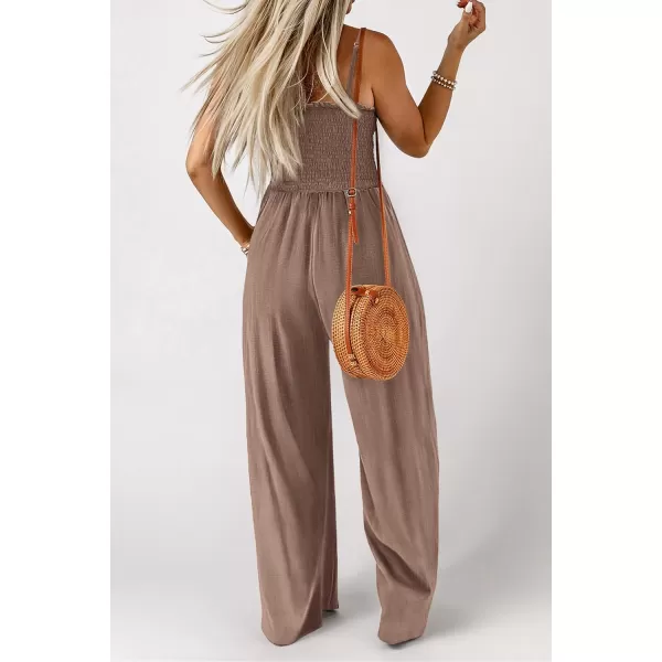 imagePRETTYGARDEN Womens Summer Jumpsuits Dressy Casual One Piece Outfits Linen Smocked Spaghetti Strap Pockets Wide Leg RompersKhaki
