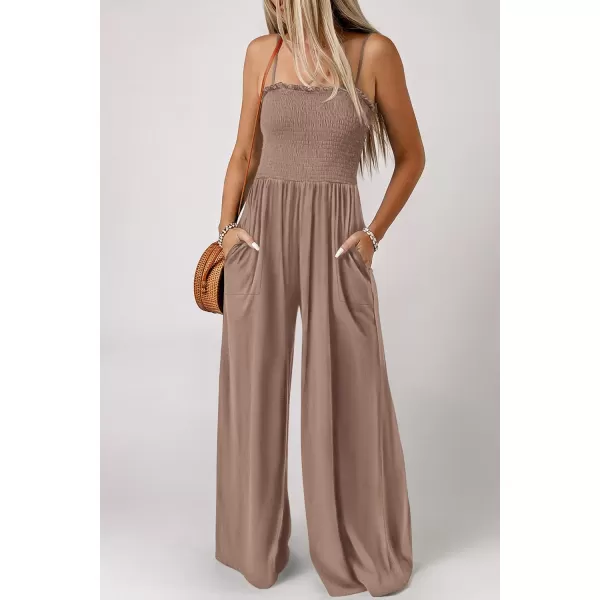 imagePRETTYGARDEN Womens Summer Jumpsuits Dressy Casual One Piece Outfits Linen Smocked Spaghetti Strap Pockets Wide Leg RompersKhaki