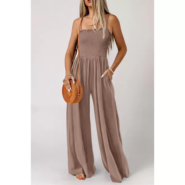 imagePRETTYGARDEN Womens Summer Jumpsuits Dressy Casual One Piece Outfits Linen Smocked Spaghetti Strap Pockets Wide Leg RompersKhaki