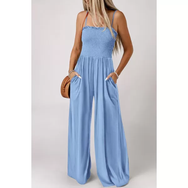 imagePRETTYGARDEN Womens Summer Jumpsuits Dressy Casual One Piece Outfits Linen Smocked Spaghetti Strap Pockets Wide Leg RompersLight Blue
