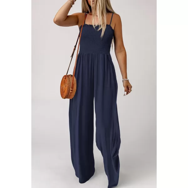 imagePRETTYGARDEN Womens Summer Jumpsuits Dressy Casual One Piece Outfits Linen Smocked Spaghetti Strap Pockets Wide Leg RompersNavy