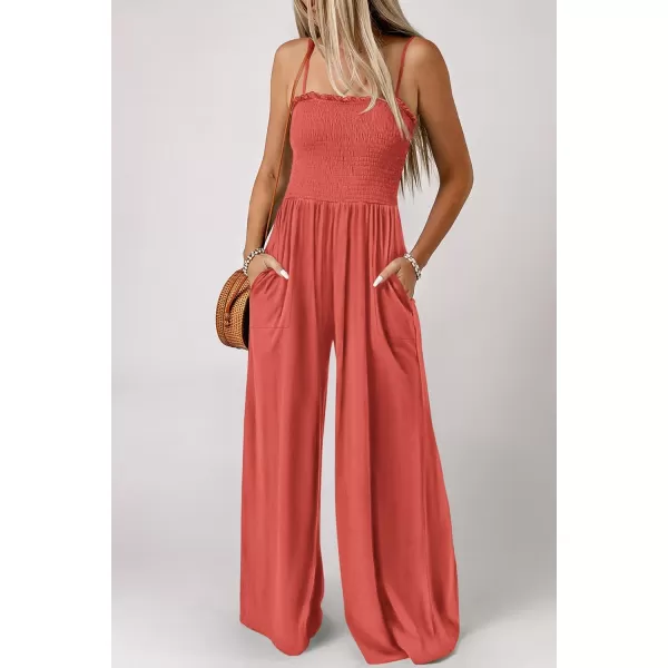 imagePRETTYGARDEN Womens Summer Jumpsuits Dressy Casual One Piece Outfits Linen Smocked Spaghetti Strap Pockets Wide Leg RompersOrange Red