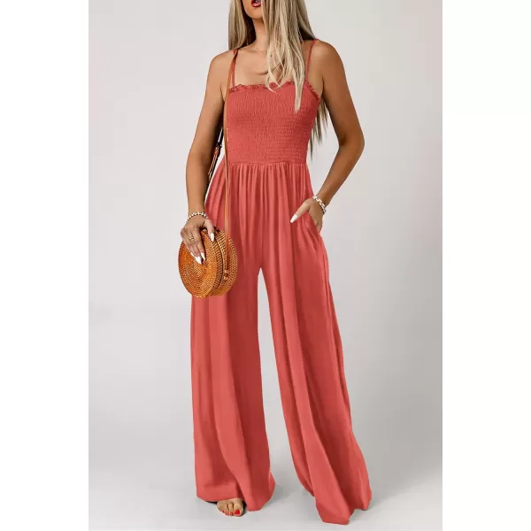 imagePRETTYGARDEN Womens Summer Jumpsuits Dressy Casual One Piece Outfits Linen Smocked Spaghetti Strap Pockets Wide Leg RompersOrange Red