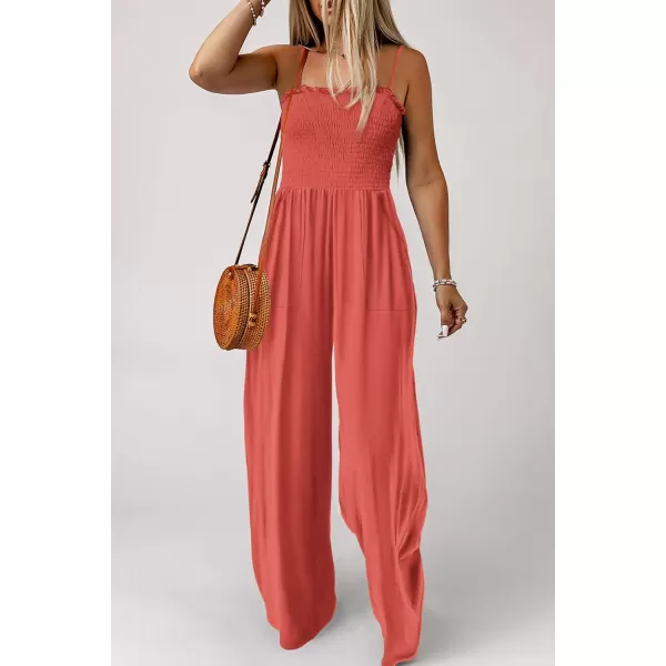 imagePRETTYGARDEN Womens Summer Jumpsuits Dressy Casual One Piece Outfits Linen Smocked Spaghetti Strap Pockets Wide Leg RompersOrange Red