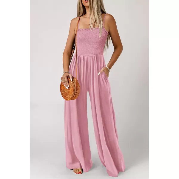 imagePRETTYGARDEN Womens Summer Jumpsuits Dressy Casual One Piece Outfits Linen Smocked Spaghetti Strap Pockets Wide Leg RompersPink