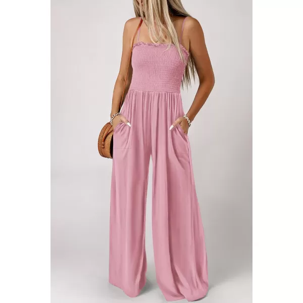 imagePRETTYGARDEN Womens Summer Jumpsuits Dressy Casual One Piece Outfits Linen Smocked Spaghetti Strap Pockets Wide Leg RompersPink