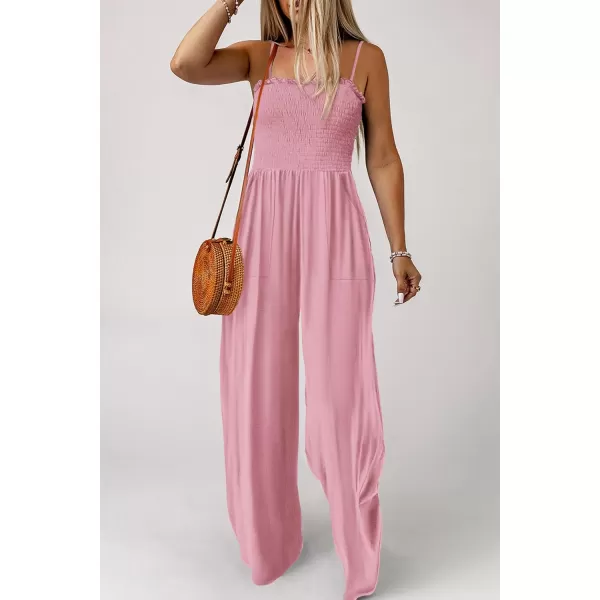imagePRETTYGARDEN Womens Summer Jumpsuits Dressy Casual One Piece Outfits Linen Smocked Spaghetti Strap Pockets Wide Leg RompersPink