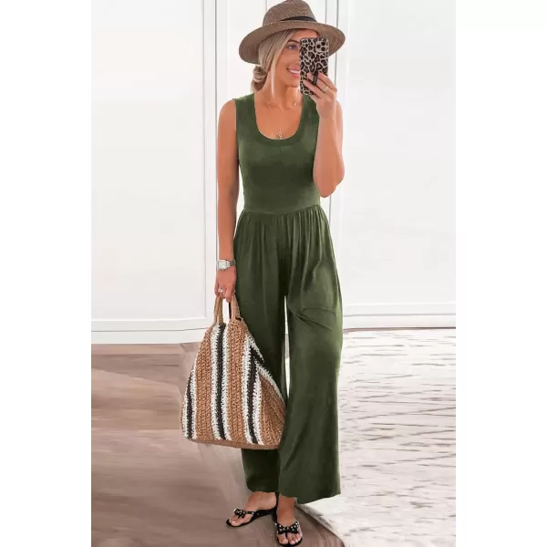 imagePRETTYGARDEN Womens Summer Sleeveless Tank Jumpsuits High Waist Low Cut Casual Scoop Neck Fit And Flare Long Pants RompersArmy Green