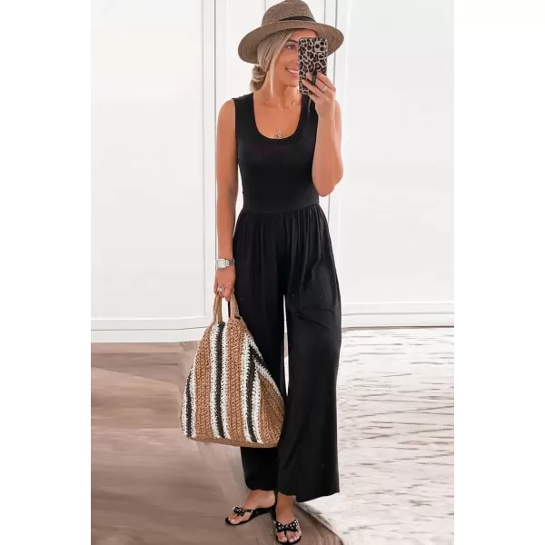 imagePRETTYGARDEN Womens Summer Sleeveless Tank Jumpsuits High Waist Low Cut Casual Scoop Neck Fit And Flare Long Pants RompersBlack
