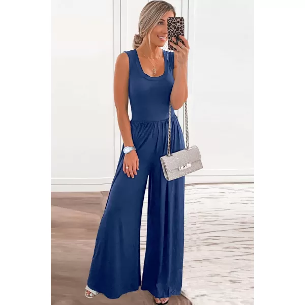 imagePRETTYGARDEN Womens Summer Sleeveless Tank Jumpsuits High Waist Low Cut Casual Scoop Neck Fit And Flare Long Pants RompersBlue