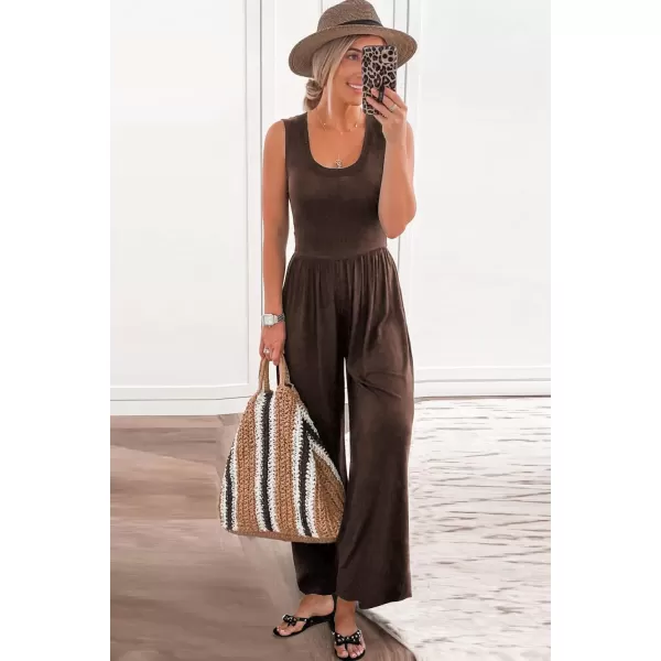 imagePRETTYGARDEN Womens Summer Sleeveless Tank Jumpsuits High Waist Low Cut Casual Scoop Neck Fit And Flare Long Pants RompersBrown