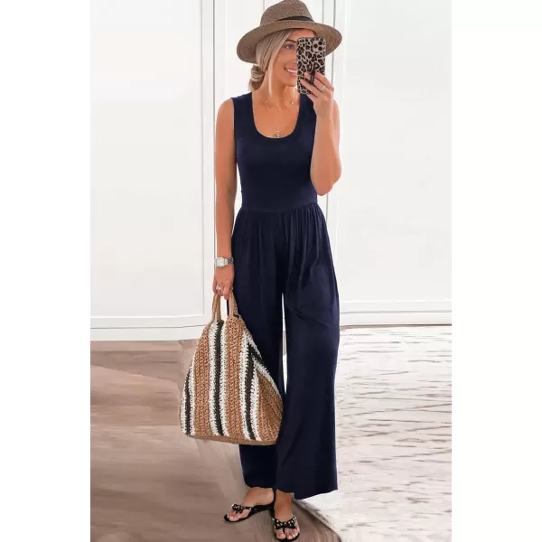 imagePRETTYGARDEN Womens Summer Sleeveless Tank Jumpsuits High Waist Low Cut Casual Scoop Neck Fit And Flare Long Pants RompersNavy